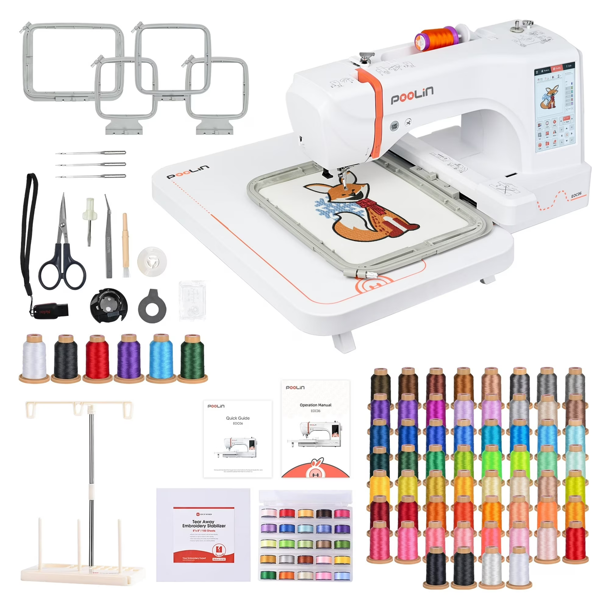 PooLin EOC06 7.9”*11” Computerized Embroidery Machine For Home Business Consumables version +40 colors Thread + Plastic
