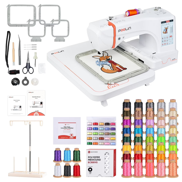 PooLin EOC06 7.9”*11” Computerized Embroidery Machine For Home Business Consumables version +40 colors Thread + Plastic