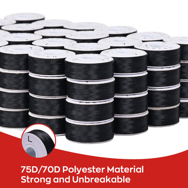 Style L Pre-wound Paper Side 70D/2(60WT) Black Embroidery Bobbins (144 Bobbins)