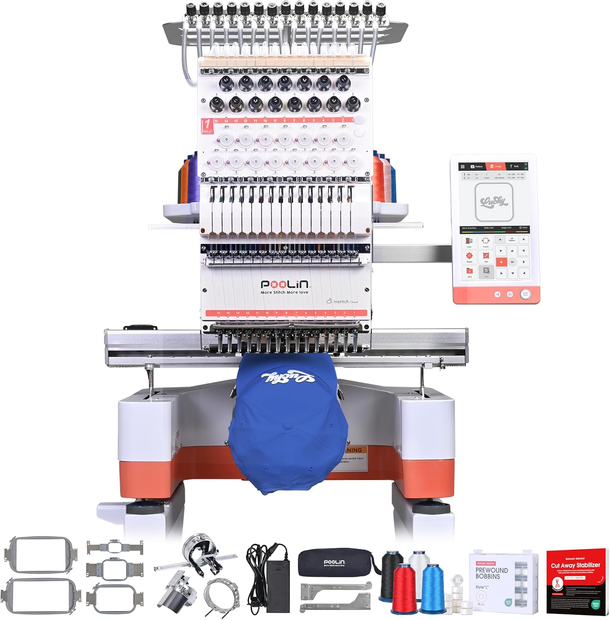 Poolin EOM 15-Needle Commercial Embroidery Machine, 14.2X9.5'' Large Embroidery Area, 1000SPM, 9" Touch Screen USB & WiFi, Beginner Friendly Multi-Needle Embroidery Machine for 3D Cap, Hats, Bags
