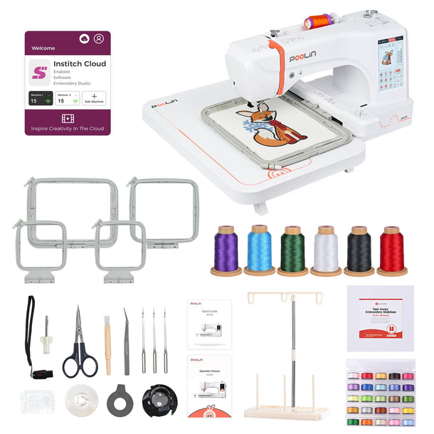PooLin EOC06 7.9”*11” Computerized Embroidery Machine For Home Business Consumables version +40 colors Thread + Plastic