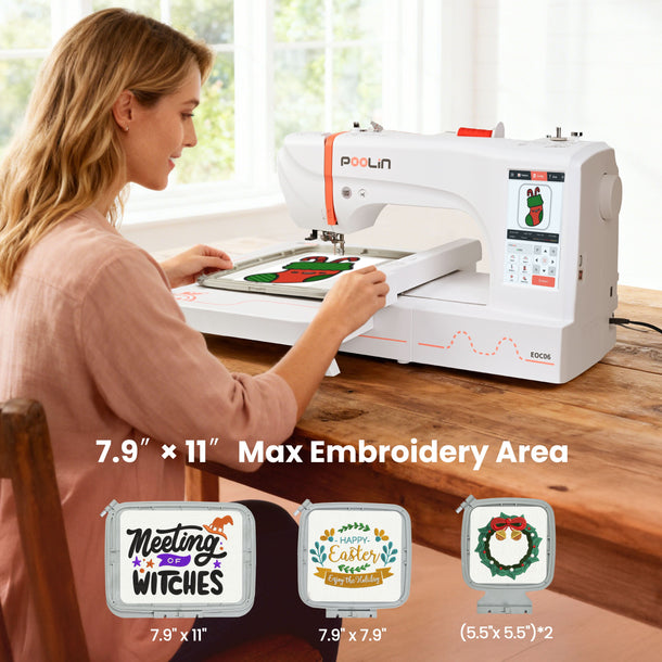 PooLin EOC06 7.9”*11” Computerized Embroidery Machine For Home Business Consumables version +40 colors Thread + Plastic