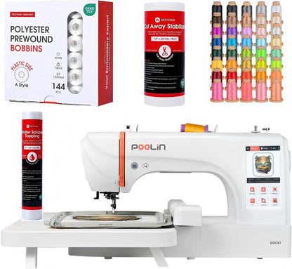 Poolin EOC07 Embroidery Machine Bundle with 40 Color Thread, 144 Bobbins, Water Soluble Topper 12x25 Yards, 12x25 Cut Away Stabilizer Roll