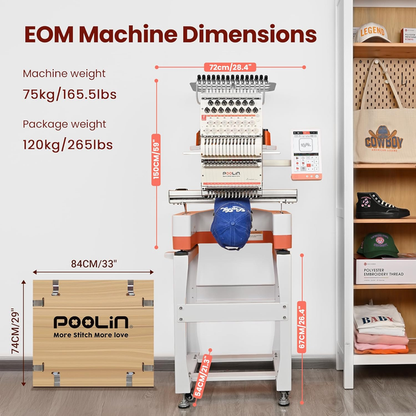 Poolin EOM 15-Needle Commercial Embroidery Machine, 14.2X9.5'' Large Embroidery Area, 1000SPM, 9" Touch Screen USB & WiFi, Beginner Friendly Multi-Needle Embroidery Machine for 3D Cap, Hats, Bags