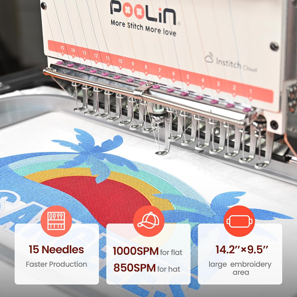 Poolin EOM 15-Needle Commercial Embroidery Machine, 14.2X9.5'' Large Embroidery Area, 1000SPM, 9" Touch Screen USB & WiFi, Beginner Friendly Multi-Needle Embroidery Machine for 3D Cap, Hats, Bags