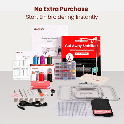 Poolin EOC07 Embroidery Machine Bundle with 40 Color Thread, 144 Bobbins, Water Soluble Topper 12x25 Yards, 12x25 Cut Away Stabilizer Roll